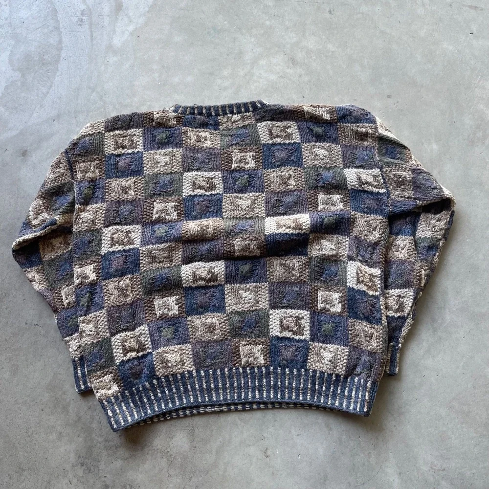 Northern Isles Vintage Hand Knitted Patchwork Sweater Blue Brown Tan Womens M - Picture 6 of 6